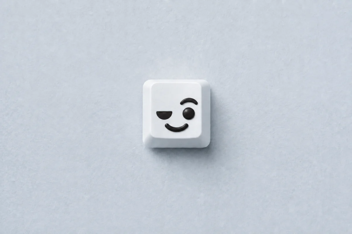 White keyboard key engraved with Bop's winking face