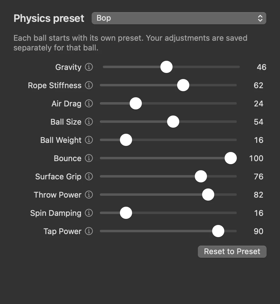 Bop settings: preset selection and controls for gravity, rope stiffness, air drag, ball size, weight, bounce, surface grip, throw power, spin damping and tap power.